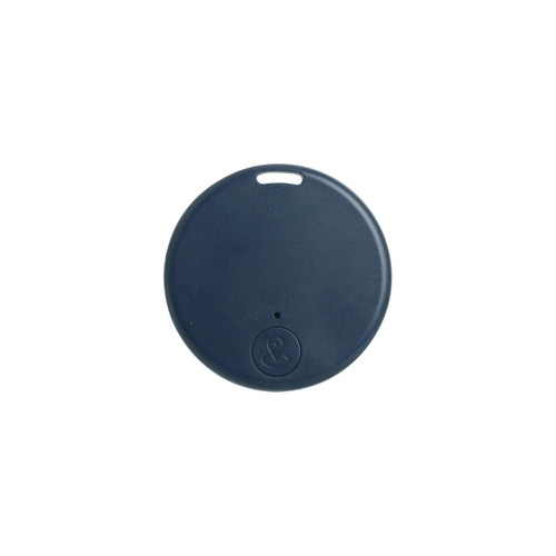 A navy blue round anti-loss smart tag with a small hole for attachment, featuring a logo on the surface.