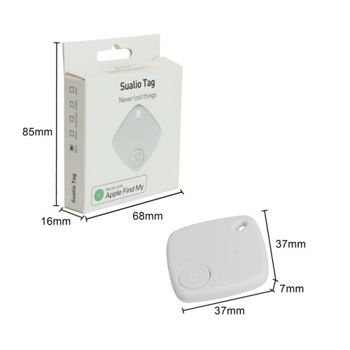 A white Locator Smart Tag in its packaging, featuring dimensions and a logo, designed for tracking items.