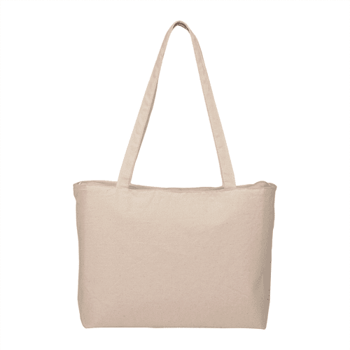 A beige zippered cotton canvas shopper tote with two shoulder straps and a simple design. Features a logo. A beige zippered cotton canvas shopper tote with two shoulder straps and a simple design. Features a logo.