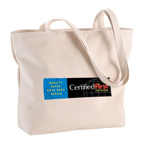 A cream zippered cotton canvas tote bag with two handles and a logo on the side. A cream zippered cotton canvas tote bag with two handles and a logo on the side.