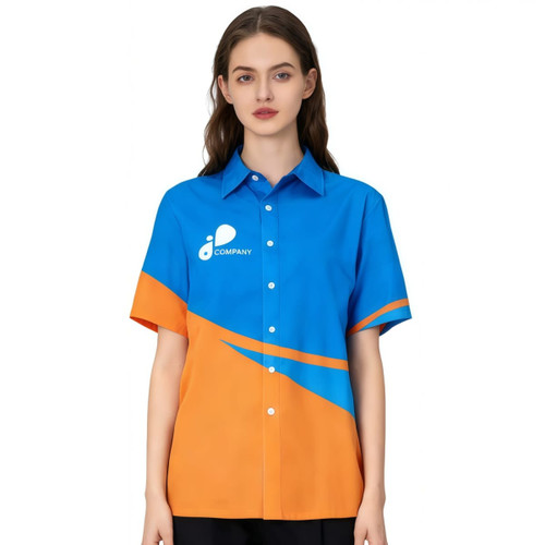 A blue and orange women's shirt featuring short sleeves and a logo on the front.