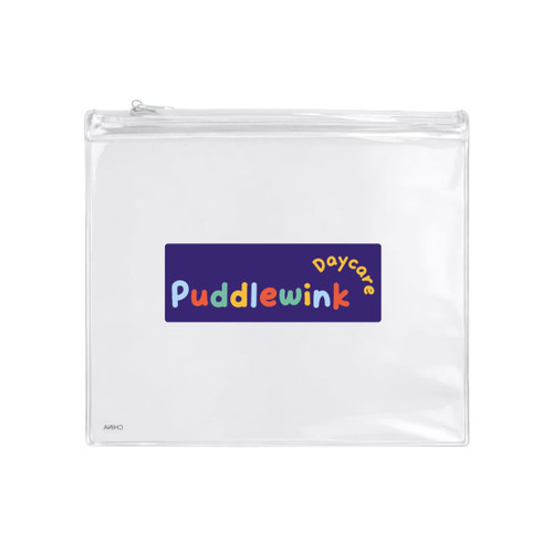 A clear pencil case featuring a bright, multicoloured logo for "Puddlewink Daycare."