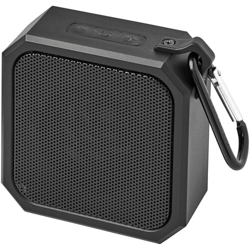 A black outdoor waterproof Bluetooth speaker with a textured grill and a metal carabiner attached. A black outdoor waterproof Bluetooth speaker with a textured grill and a metal carabiner attached.