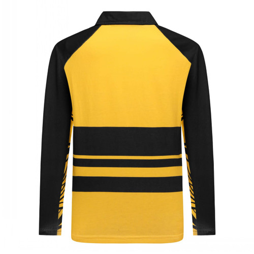 A yellow and black Hawaiian shirt featuring a striped design with a collar and long sleeves. It has a logo on it.