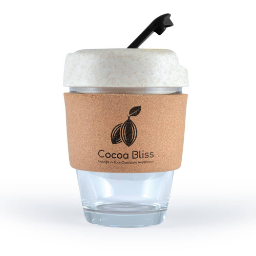 A reusable coffee cup with a clear glass body, a cork band, and a light-colored lid with a straw. It has a logo.