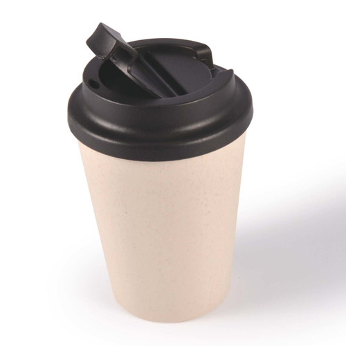 A drink cup with a beige body and a black comfort lid, designed for reusable beverage use.