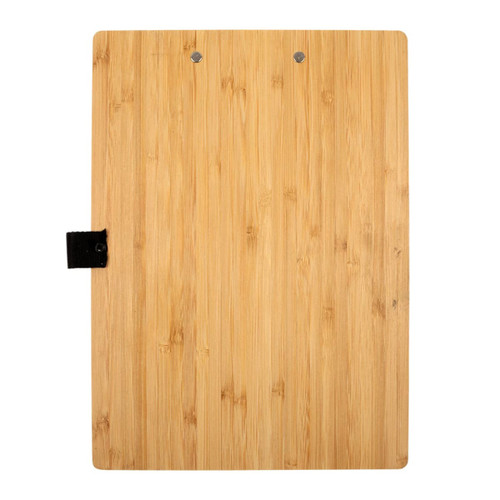 A bamboo A4 clipboard with a smooth surface and a black metal clip at the top.