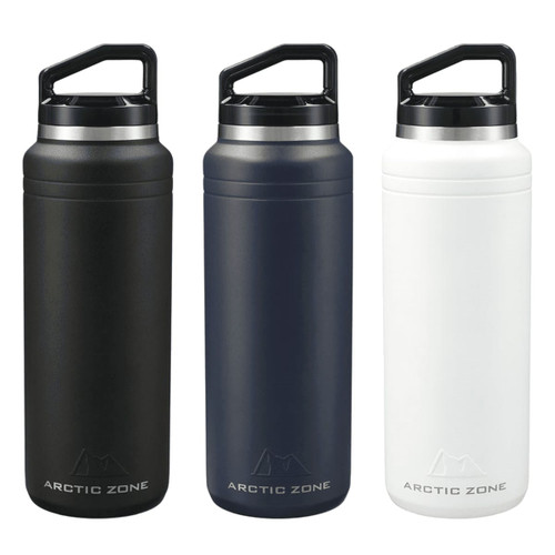 A drink bottle set featuring three colours: black, navy blue, and white, with a handle and branding. A drink bottle set featuring three colours: black, navy blue, and white, with a handle and branding.