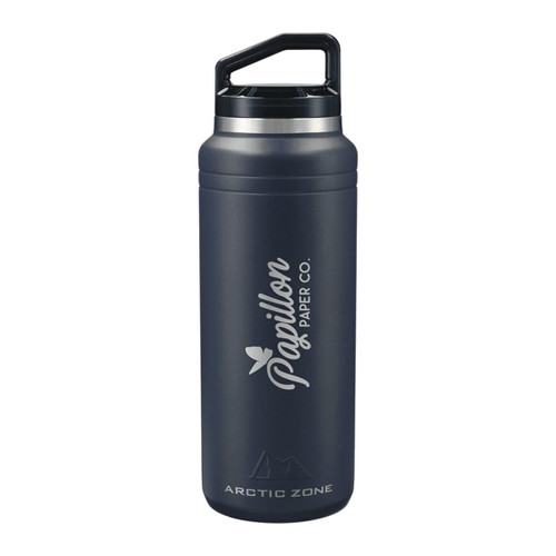 A drink bottle in navy blue with a silver lid and a handle, featuring a logo on the body. A drink bottle in navy blue with a silver lid and a handle, featuring a logo on the body.