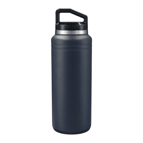 A drink bottle in dark grey featuring a black lid and a handle, designed for beverage storage. A drink bottle in dark grey featuring a black lid and a handle, designed for beverage storage.