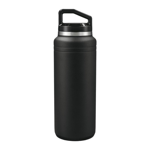 A drink bottle with a sleek black design and a handle, featuring a silver band near the top. A drink bottle with a sleek black design and a handle, featuring a silver band near the top.