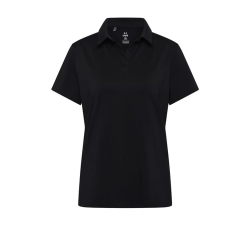 A women's black polo shirt with a collar and short sleeves, featuring a logo on the chest.