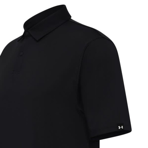 A men’s polo shirt in solid black with a collared neck and short sleeves, featuring a logo on the sleeve.
