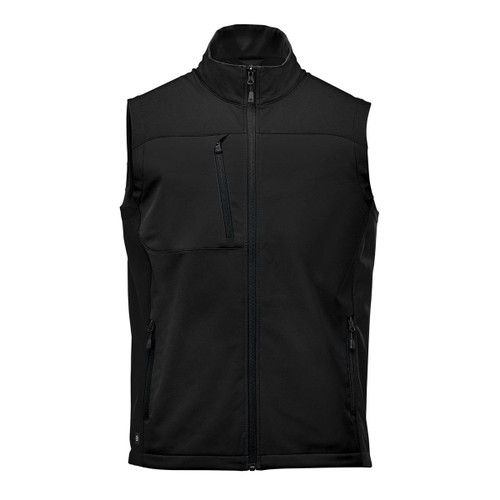 A black softshell vest with a high collar, zippered front, and multiple pockets. Features a logo on the garment.