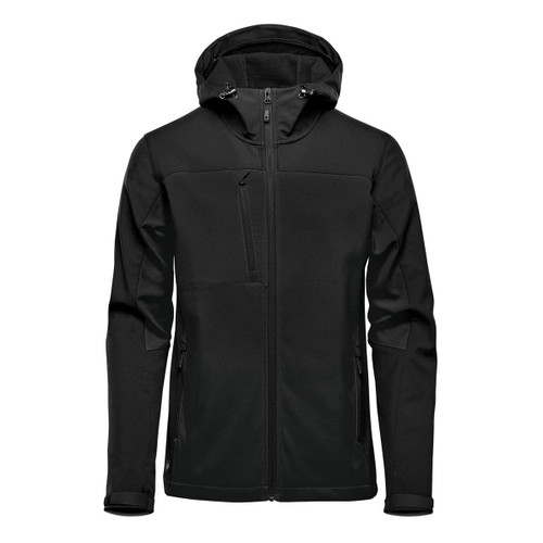 A black softshell hooded jacket with a zippered front, featuring pockets and a logo.