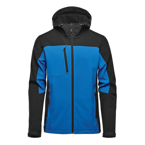 A hooded softshell jacket featuring a black and blue design with zippered pockets and a logo.
