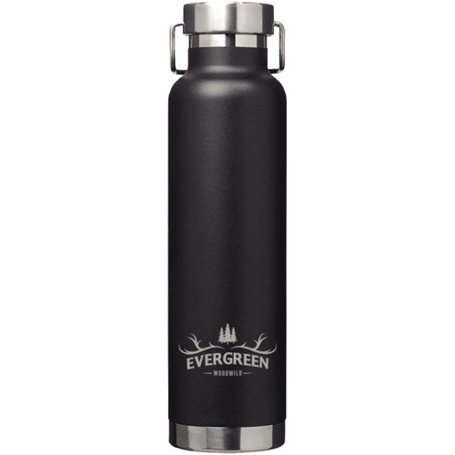 A drink bottle in matte black with a stainless steel screw-top lid and a logo on the front.