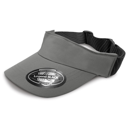 A grey sports visor with a wide brim and a black adjustable strap, featuring a logo on the front.