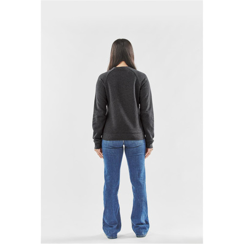 A women's crew neck jumper in dark grey, featuring a classic fit and long sleeves, viewed from the back.