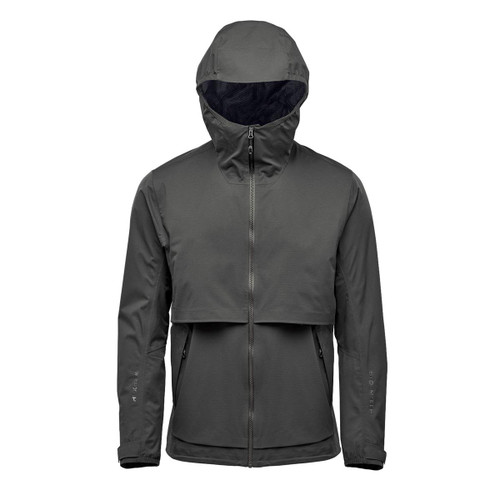 A men's technical rain jacket in dark grey, featuring a hood and a zip front, with a logo detail.