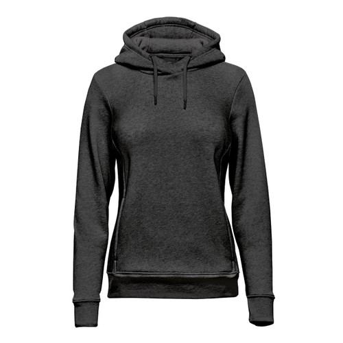 A black women's fleece pullover hoody with a hood and a logo on the front.