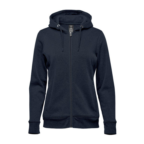 A women's full zip hoody in dark navy, featuring a hood and front pockets, designed for comfort.