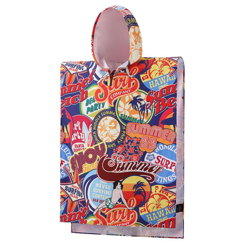 A colourful poncho towel featuring a vibrant summer print, complete with a hood. It has a branded logo.