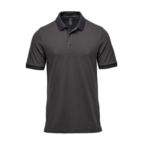 A men's polo shirt in dark grey with a contrasting black collar and sleeve hems. It features a small logo.