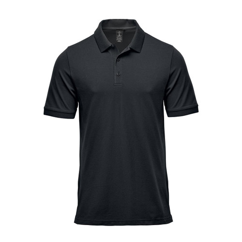 A black polo shirt with a collar and short sleeves, featuring a logo on the chest.
