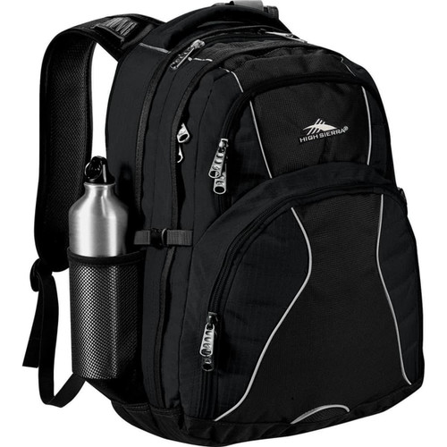 A black backpack with multiple compartments, featuring a drink bottle holder and a logo.