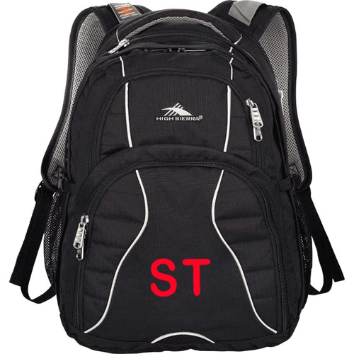 A black backpack with multiple compartments and a logo, featuring mesh straps and red lettering.