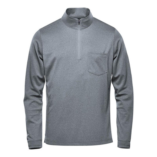A men's grey pullover jumper with a quarter zip and a chest pocket. Features a logo on the garment.