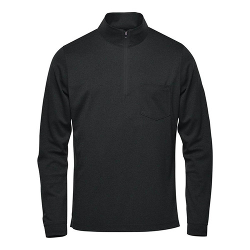 A black 1/4 zip pullover jumper for men featuring a chest pocket and a logo.