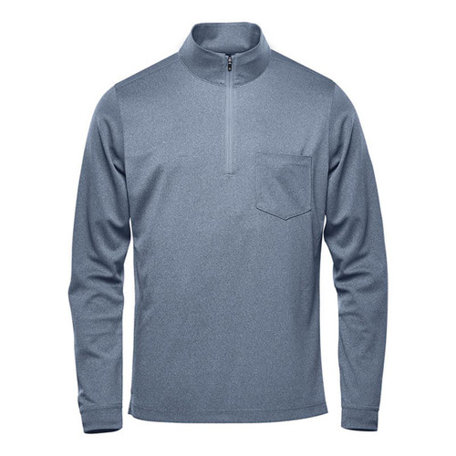 A grey men's pullover with a 1/4 zip and a chest pocket, featuring a logo on it.