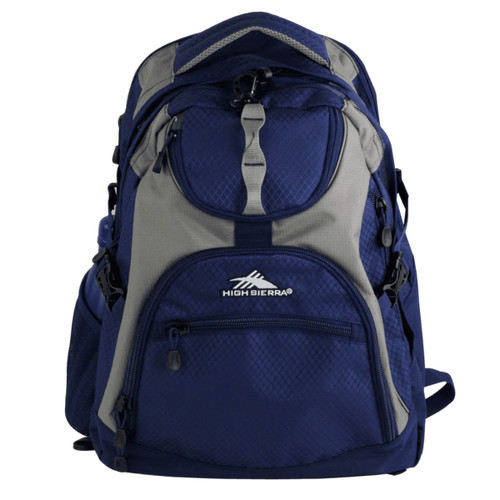 A blue and grey High Sierra Access 17" 46L computer backpack with multiple compartments and a logo. A blue and grey High Sierra Access 17" 46L computer backpack with multiple compartments and a logo.