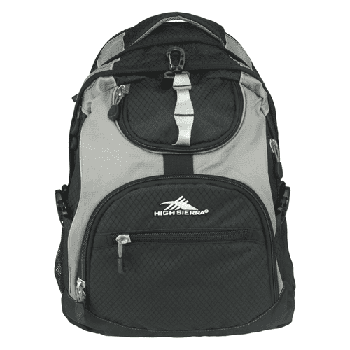 A black and grey High Sierra Access 17 46L computer backpack with multiple pockets and a logo. A black and grey High Sierra Access 17 46L computer backpack with multiple pockets and a logo.