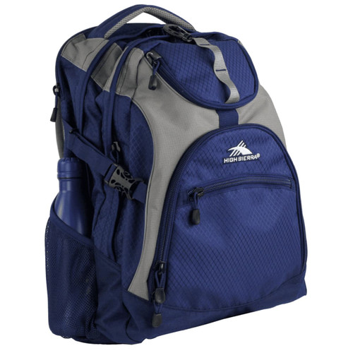 A blue and grey High Sierra Access 17 46L Computer Backpack featuring multiple compartments and a side drink bottle holder. A blue and grey High Sierra Access 17 46L Computer Backpack featuring multiple compartments and a side drink bottle holder.