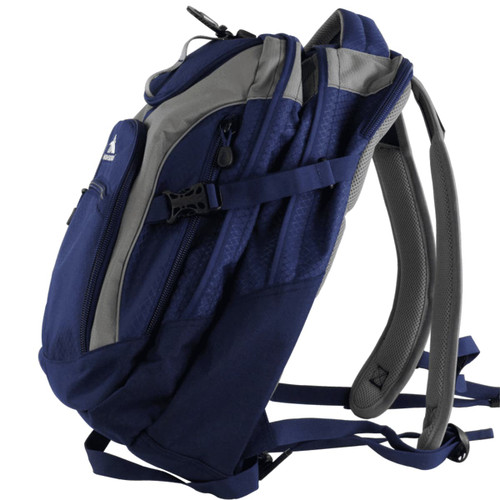 A dark blue and grey high-capacity computer backpack with padded straps and multiple compartments. Features a logo. A dark blue and grey high-capacity computer backpack with padded straps and multiple compartments. Features a logo.