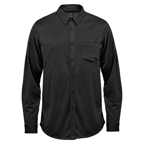 A black long sleeve button-up shirt with a chest pocket and a collar. It has a logo on the label.