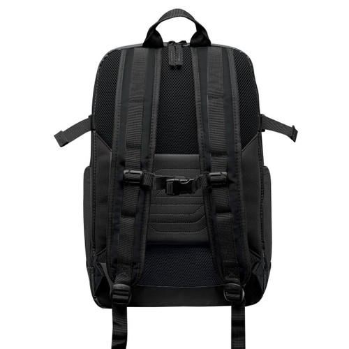 Black backpack with padded shoulder straps and ergonomic back panel.