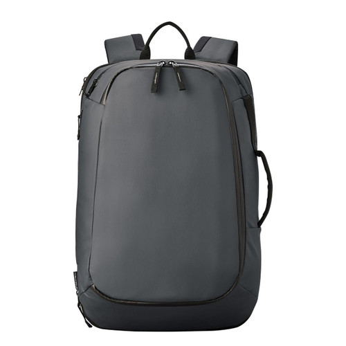 Gray Stormtech travel backpack with sleek design and multiple zippers.
