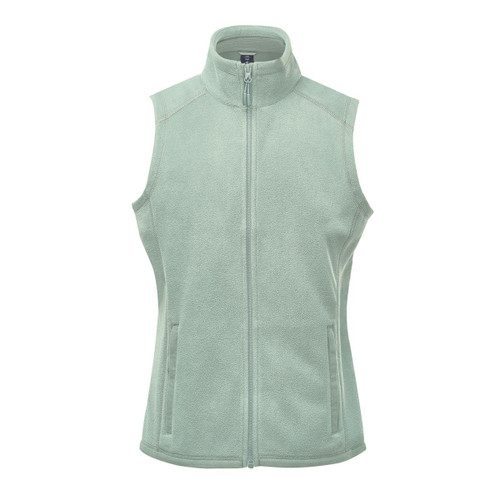 A green fleece vest with a high collar and front zip, featuring two side pockets and a logo.