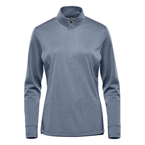 A women's 1/4 zip pullover in grey, featuring long sleeves and a branded logo.