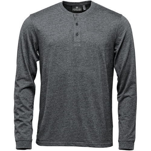A grey long-sleeve henley shirt featuring a button placket and a logo.