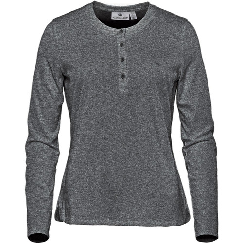 A long-sleeve henley shirt in a dark grey colour with a buttoned placket and a subtle logo.