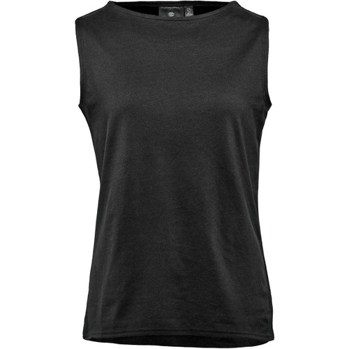 A women's sleeveless tank top in black, featuring a simple design and a logo on the label.