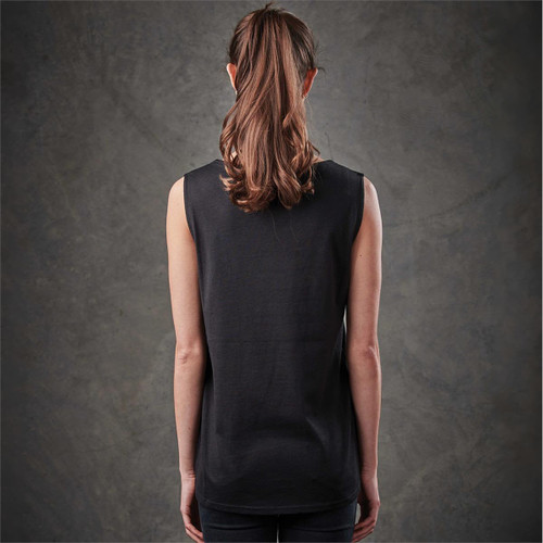 A sleeveless black tank top displayed from the back, featuring a simple design and a fitted silhouette.