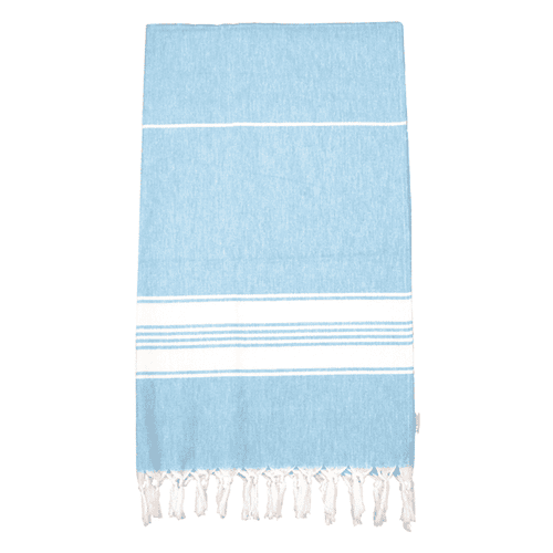 A light blue cotton Turkish towel with white stripes and fringed edges, featuring a logo. A light blue cotton Turkish towel with white stripes and fringed edges, featuring a logo.