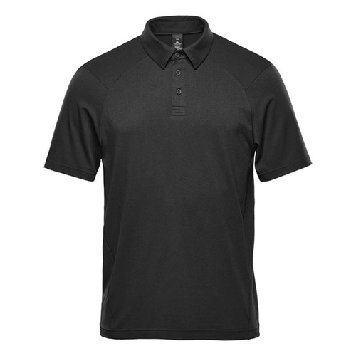 A black short sleeve polo shirt featuring a collar and a logo on the chest. Suitable for casual or athletic wear.