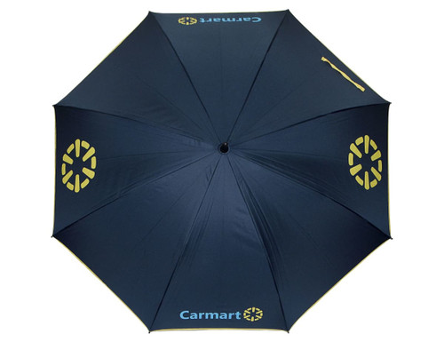A navy umbrella with a yellow logo and branding, featuring a standard eight-panel design.